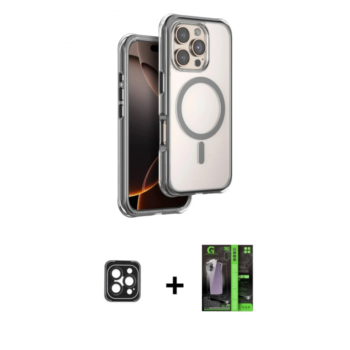 MARSİLYAN™- iPhone 16 Pro Max Kılıf Zirve Klasik Prime - Şeffaf 360 Full Body Arka Koruyucu + PVD Metal Kamera Lens - SH