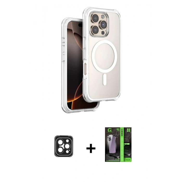 MARSİLYAN™- iPhone 16 Pro Max Kılıf Zirve Klasik Prime - Şeffaf 360 Full Body Arka Koruyucu + PVD Metal Kamera Lens - SH