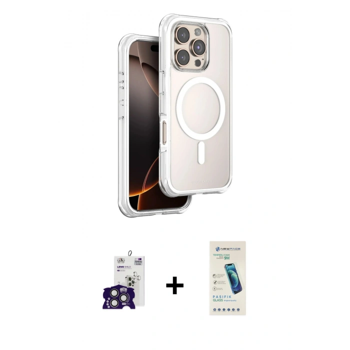 MARSİLYAN™- iPhone 16 Pro Max Kılıf Zirve Klasik Prime - Şeffaf Pasifik Cam Ekran Koruyucu + Bilvis Titan Kamera Lens - TMGI