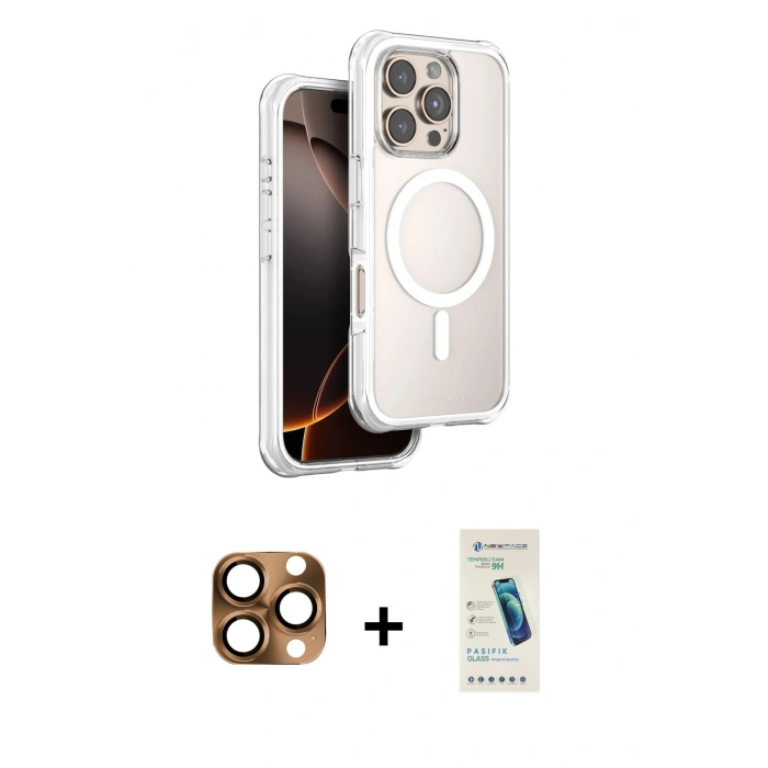 MARSİLYAN™- iPhone 16 Pro Max Kılıf Zirve Klasik Prime - Şeffaf Pasifik Cam Ekran Koruyucu + Pers Alüminyum Kamera Lens - CLTM