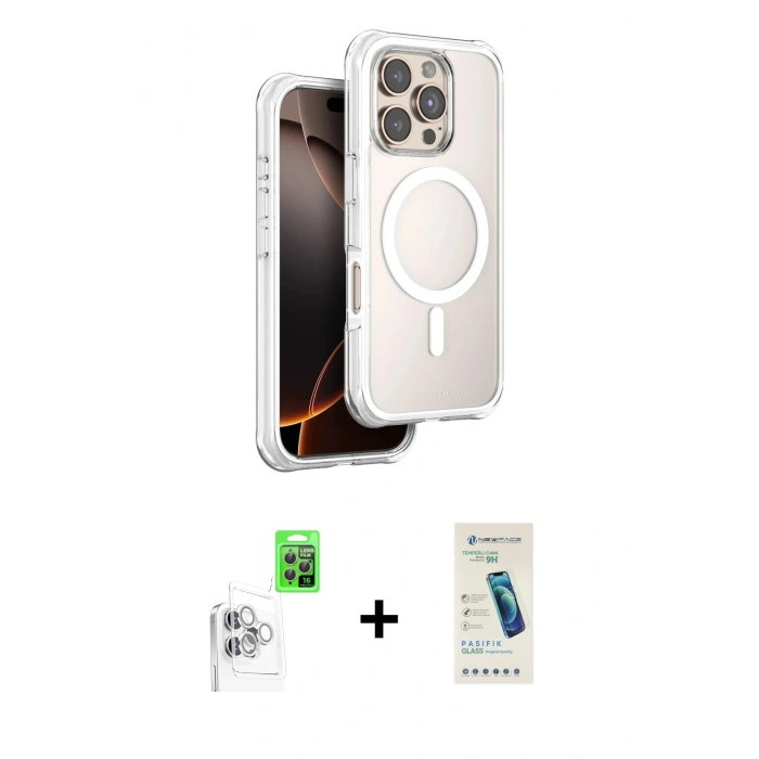 MARSİLYAN™- iPhone 16 Pro Max Kılıf Zirve Klasik Prime - Şeffaf Pasifik Cam Ekran Koruyucu + Raze Metal Kamera Lens - BZ