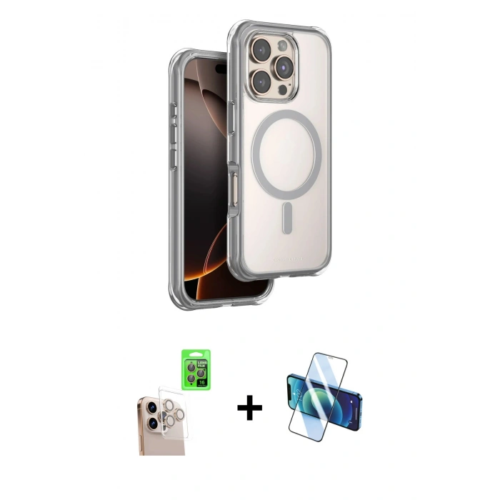 MARSİLYAN™- iPhone 16 Pro Max Kılıf Zirve Klasik Prime - Siyah 3D Antistatik Cam Ekran Koruyucu + Raze Metal Kamera Lens - NLGY