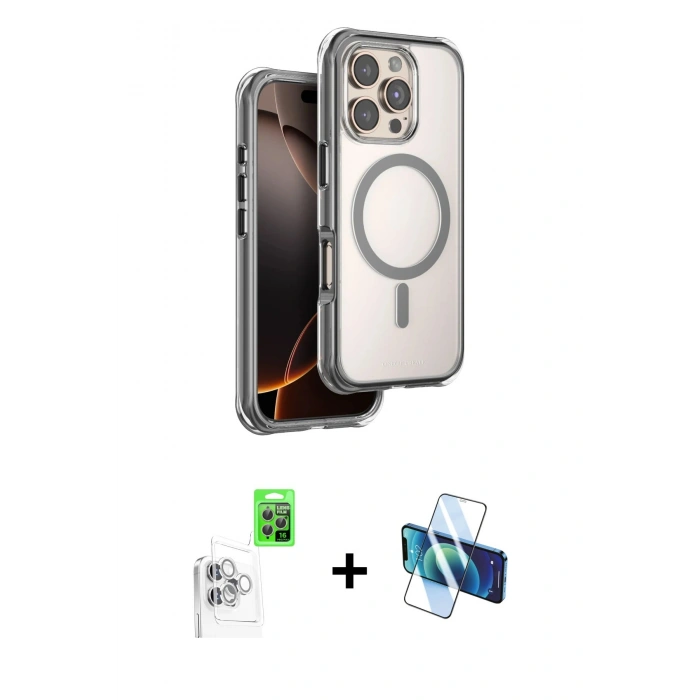 MARSİLYAN™- iPhone 16 Pro Max Kılıf Zirve Klasik Prime - Siyah 3D Antistatik Cam Ekran Koruyucu + Raze Metal Kamera Lens - BZ