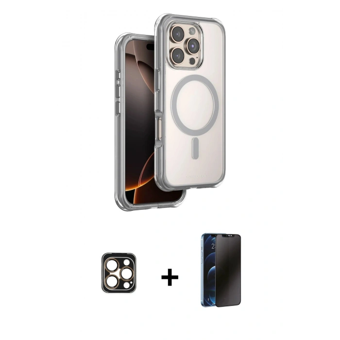 MARSİLYAN™- iPhone 16 Pro Max Kılıf Zirve Klasik Prime - Siyah 3D Antistatik Hayalet Cam Ekran Koruyucu + PVD Metal Kamera Lens - GD