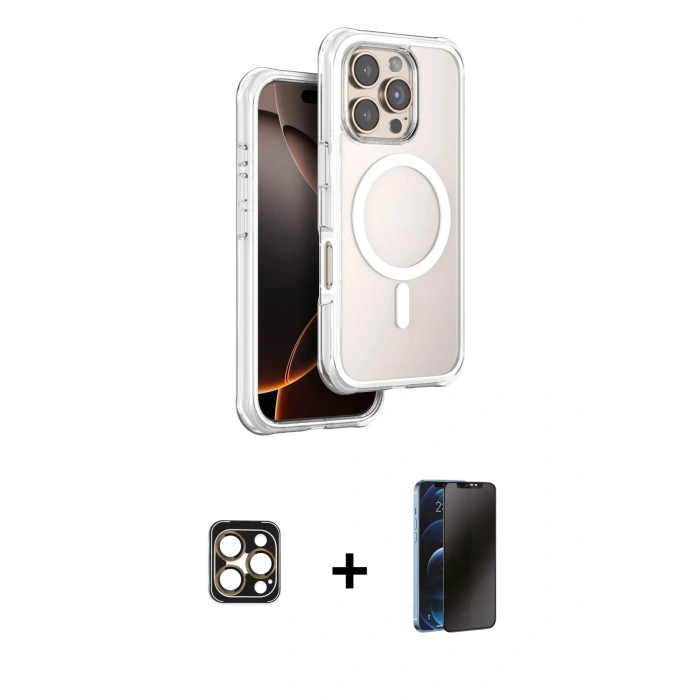 MARSİLYAN™- iPhone 16 Pro Max Kılıf Zirve Klasik Prime - Siyah 3D Antistatik Hayalet Cam Ekran Koruyucu + PVD Metal Kamera Lens - GD