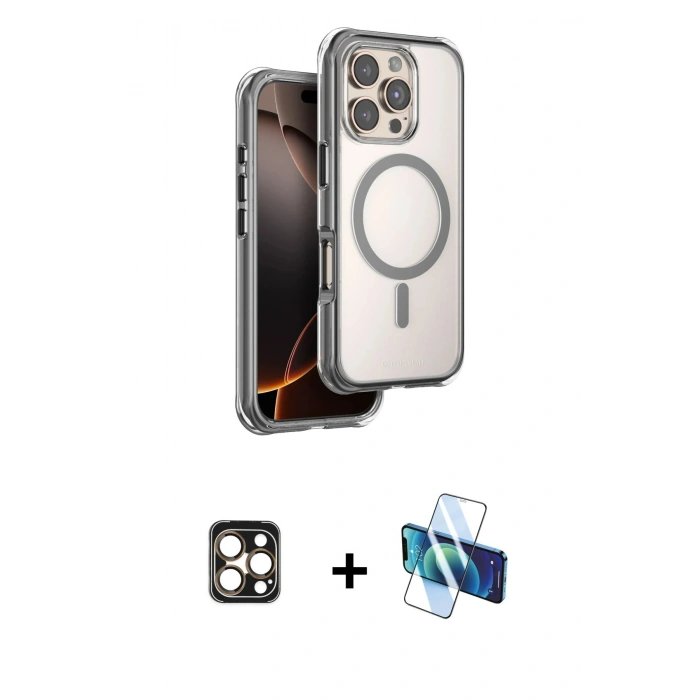 MARSİLYAN™- iPhone 16 Pro Max Kılıf Zirve Klasik Prime - Siyah 3D Antistatik Seramik Nano Ekran Koruyucu + PVD Metal Kamera Lens - GD
