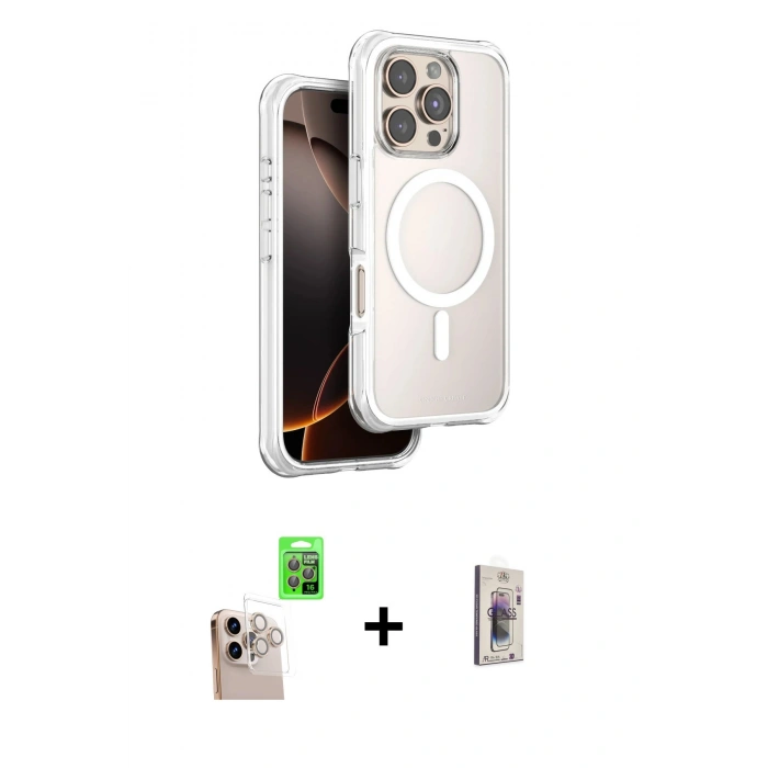 MARSİLYAN™- iPhone 16 Pro Max Kılıf Zirve Klasik Prime - Siyah Bilvis 3D Cam Ekran Koruyucu + Natural Grey Raze Metal Kamera Lens