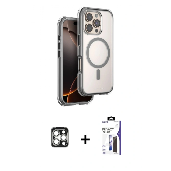 MARSİLYAN™- iPhone 16 Pro Max Kılıf Zirve Klasik Prime - Siyah Bilvis 3X AR Hayalet Cam Ekran Koruyucu + PVD Metal Kamera Lens - GS