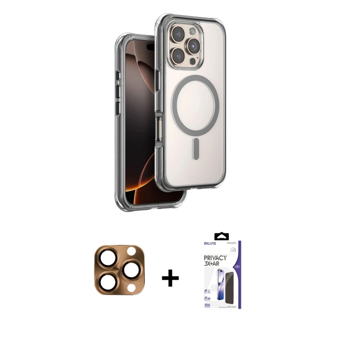 MARSİLYAN™- iPhone 16 Pro Max Kılıf Zirve Klasik Prime - Siyah Bilvis 3X AR Hayalet Cam Ekran Koruyucu + Pers Alüminyum Kamera Lens - CLTM