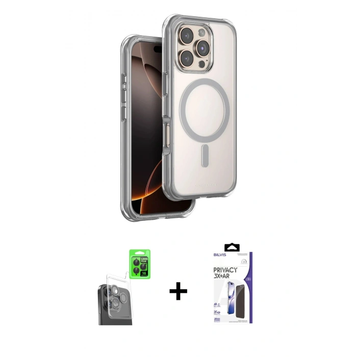 MARSİLYAN™- iPhone 16 Pro Max Kılıf Zirve Klasik Prime - Siyah Bilvis 3X AR Hayalet Cam Ekran Koruyucu + Raze Metal Kamera Lens - SH