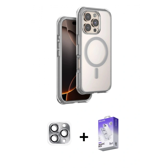 MARSİLYAN™- iPhone 16 Pro Max Kılıf Zirve Klasik Prime - Siyah Bilvis 5in1 3D Magic Cam Ekran Koruyucu + Gri Pers Alüminyum Kamera Lens