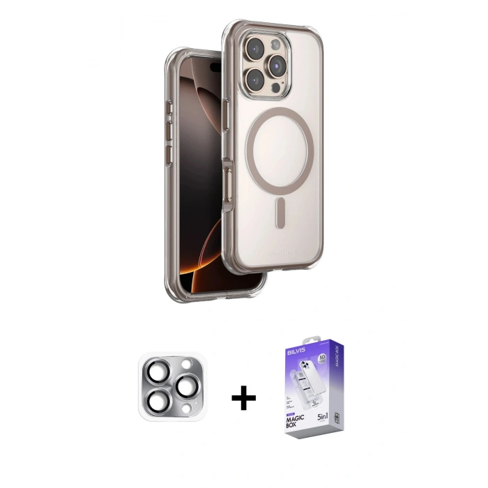 MARSİLYAN™- iPhone 16 Pro Max Kılıf Zirve Klasik Prime - Siyah Bilvis 5in1 3D Magic Cam Ekran Koruyucu + Gri Pers Alüminyum Kamera Lens