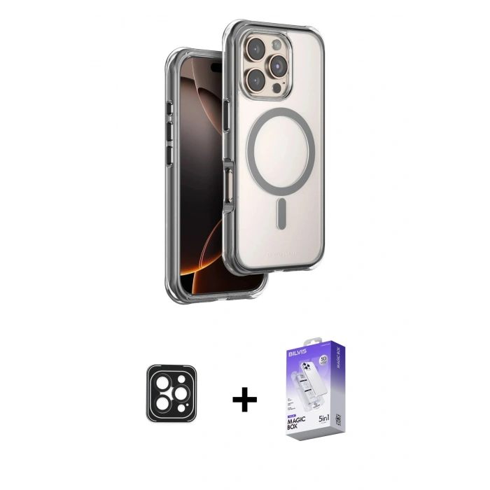 MARSİLYAN™- iPhone 16 Pro Max Kılıf Zirve Klasik Prime - Siyah Bilvis 5in1 3D Magic Cam Ekran Koruyucu + PVD Metal Kamera Lens - SH