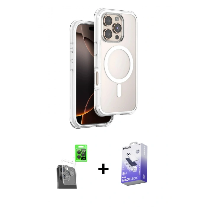 MARSİLYAN™- iPhone 16 Pro Max Kılıf Zirve Klasik Prime - Siyah Bilvis 5in1 5D Magic Hayalet Cam Ekran Koruyucu + Raze Metal Kamera Lens - SH