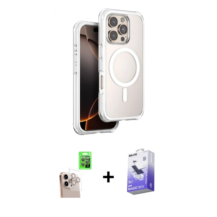MARSİLYAN™- iPhone 16 Pro Max Kılıf Zirve Klasik Prime - Siyah Bilvis 5in1 5D Magic Hayalet Cam Ekran Koruyucu + Raze Metal Kamera Lens - NLGY