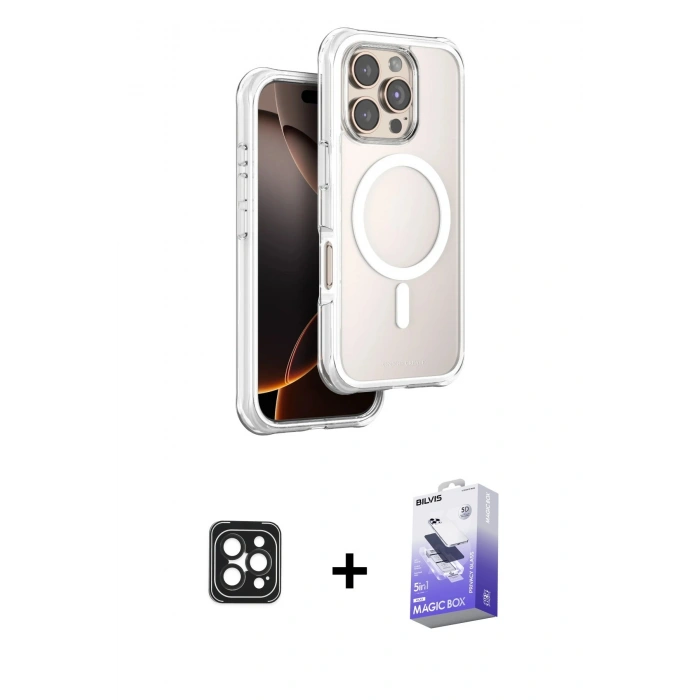 MARSİLYAN™- iPhone 16 Pro Max Kılıf Zirve Klasik Prime - Siyah Bilvis 5in1 5D Magic Hayalet Cam Ekran Koruyucu + PVD Metal Kamera Lens - SH