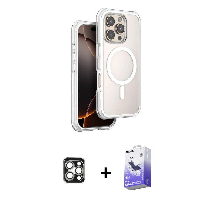 MARSİLYAN™- iPhone 16 Pro Max Kılıf Zirve Klasik Prime - Siyah Bilvis 5in1 5D Magic Hayalet Cam Ekran Koruyucu + PVD Metal Kamera Lens - GS