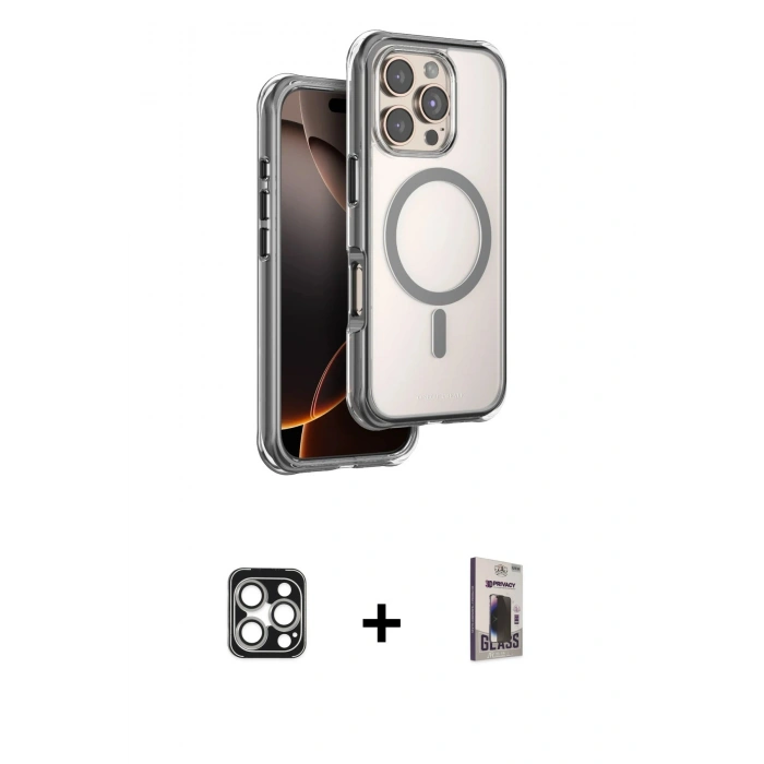 MARSİLYAN™- iPhone 16 Pro Max Kılıf Zirve Klasik Prime - Siyah Bilvis Hayalet Cam Ekran Koruyucu + PVD Metal Kamera Lens - GS