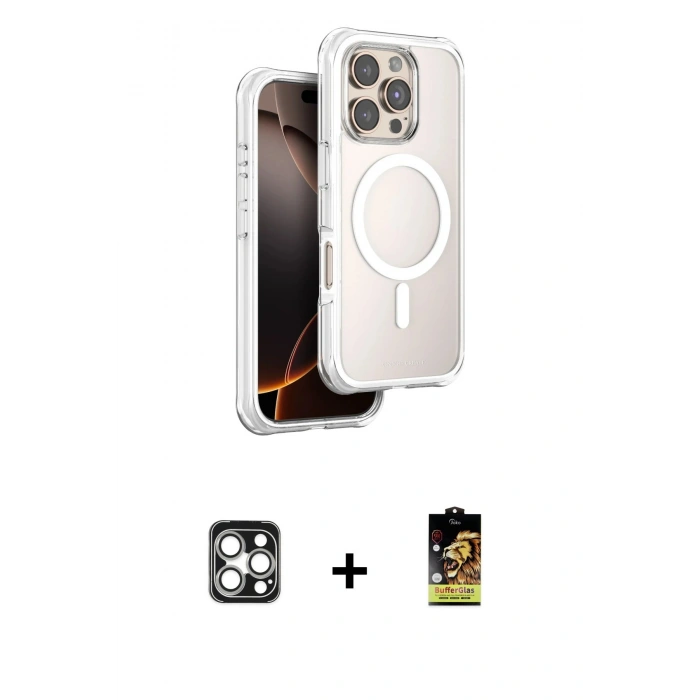MARSİLYAN™- iPhone 16 Pro Max Kılıf Zirve Klasik Prime - Siyah Buffer Cam Ekran Koruyucu + Gümüş PVD Metal Kamera Lens