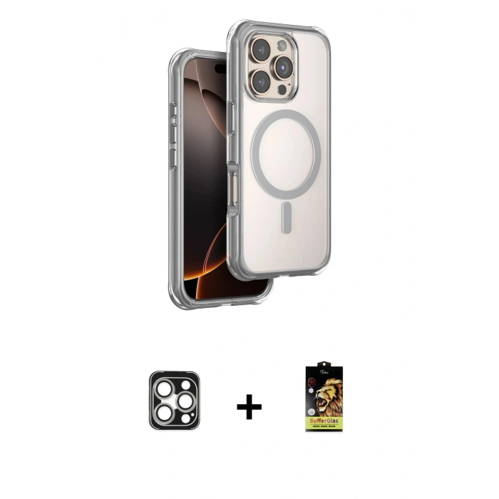 MARSİLYAN™- iPhone 16 Pro Max Kılıf Zirve Klasik Prime - Siyah Buffer Cam Ekran Koruyucu + Gümüş PVD Metal Kamera Lens
