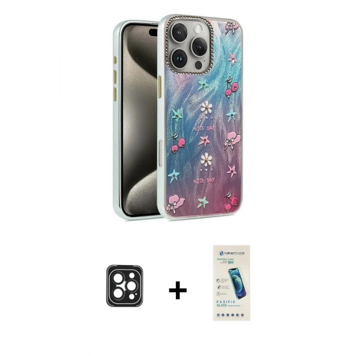 MARSİLYAN™- iPhone 16 Pro Max Kılıf Zirve Modern Prime - Şeffaf Pasifik Cam Ekran Koruyucu + PVD Metal Kamera Lens - SH