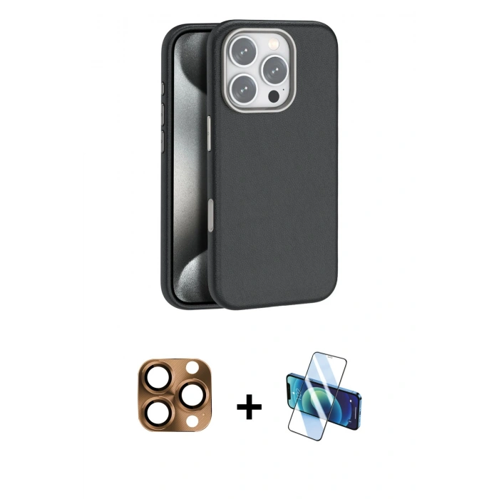 MARSİLYAN™- iPhone 16 Pro Max Kılıf Zirve Modern Prime - Siyah 3D Antistatik Cam Ekran Koruyucu + Pers Alüminyum Kamera Lens - CLTM