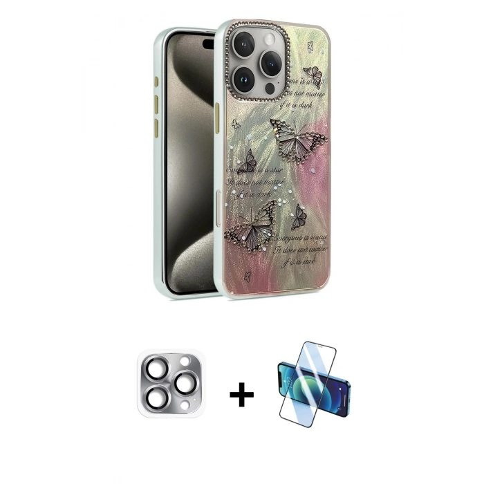 MARSİLYAN™- iPhone 16 Pro Max Kılıf Zirve Modern Prime - Siyah 3D Antistatik Cam Ekran Koruyucu + Pers Alüminyum Kamera Lens - GI