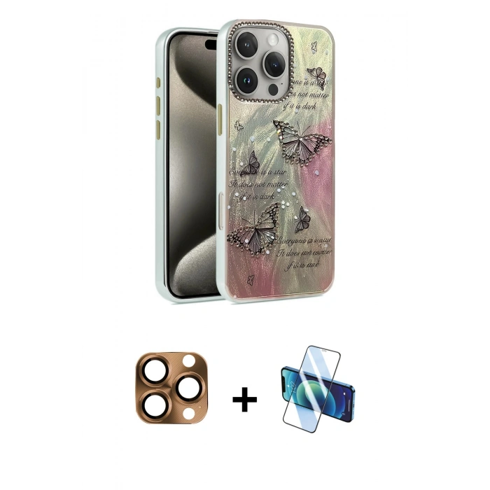 MARSİLYAN™- iPhone 16 Pro Max Kılıf Zirve Modern Prime - Siyah 3D Antistatik Cam Ekran Koruyucu + Pers Alüminyum Kamera Lens - CLTM