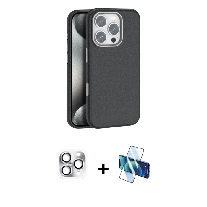 MARSİLYAN™- iPhone 16 Pro Max Kılıf Zirve Modern Prime - Siyah 3D Antistatik Cam Ekran Koruyucu + Pers Alüminyum Kamera Lens - GS