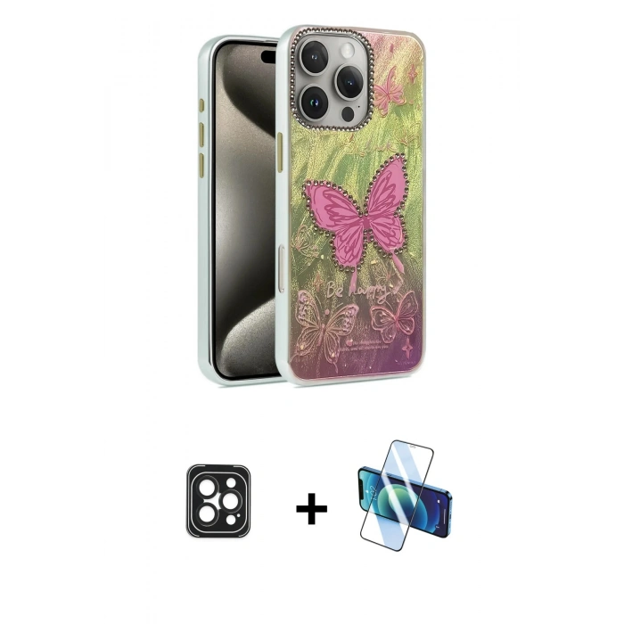 MARSİLYAN™- iPhone 16 Pro Max Kılıf Zirve Modern Prime - Siyah 3D Antistatik Cam Ekran Koruyucu + PVD Metal Kamera Lens - SH