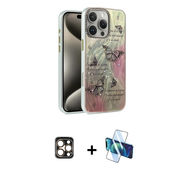 MARSİLYAN™- iPhone 16 Pro Max Kılıf Zirve Modern Prime - Siyah 3D Antistatik Cam Ekran Koruyucu + PVD Metal Kamera Lens - GD