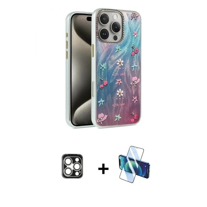 MARSİLYAN™- iPhone 16 Pro Max Kılıf Zirve Modern Prime - Siyah 3D Antistatik Cam Ekran Koruyucu + PVD Metal Kamera Lens - GS