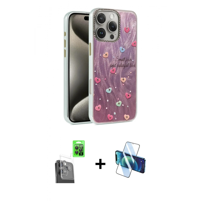 MARSİLYAN™- iPhone 16 Pro Max Kılıf Zirve Modern Prime - Siyah 3D Antistatik Cam Ekran Koruyucu + Raze Metal Kamera Lens - SH