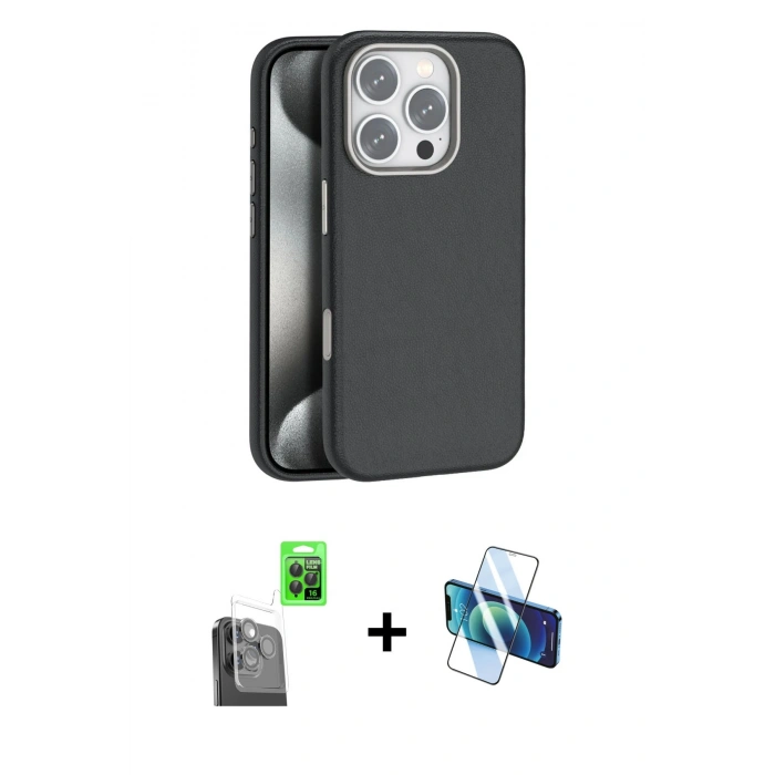 MARSİLYAN™- iPhone 16 Pro Max Kılıf Zirve Modern Prime - Siyah 3D Antistatik Cam Ekran Koruyucu + Raze Metal Kamera Lens - SH