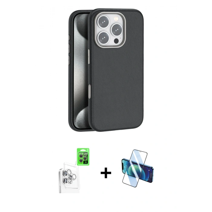 MARSİLYAN™- iPhone 16 Pro Max Kılıf Zirve Modern Prime - Siyah 3D Antistatik Cam Ekran Koruyucu + Raze Metal Kamera Lens - BZ