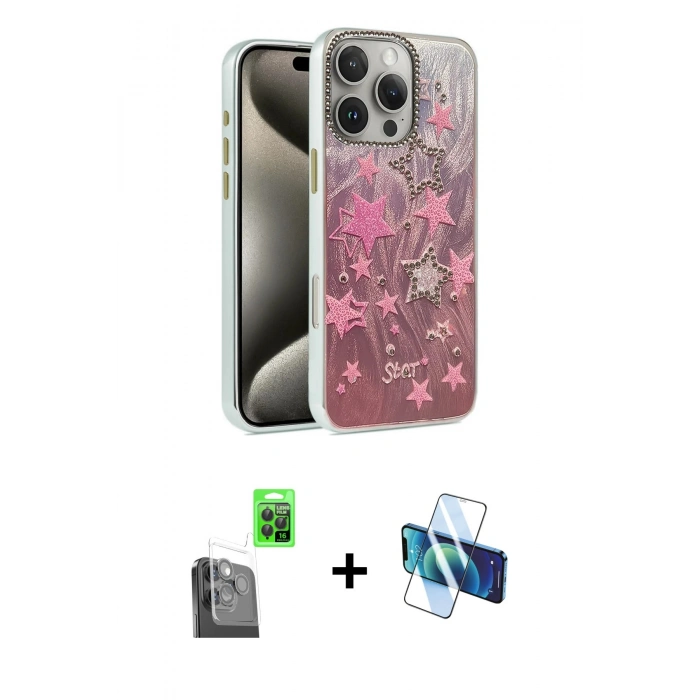 MARSİLYAN™- iPhone 16 Pro Max Kılıf Zirve Modern Prime - Siyah 3D Antistatik Cam Ekran Koruyucu + Raze Metal Kamera Lens - SH