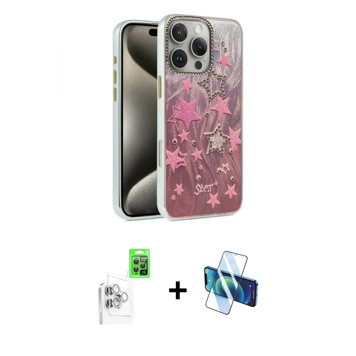 MARSİLYAN™- iPhone 16 Pro Max Kılıf Zirve Modern Prime - Siyah 3D Antistatik Cam Ekran Koruyucu + Raze Metal Kamera Lens - BZ
