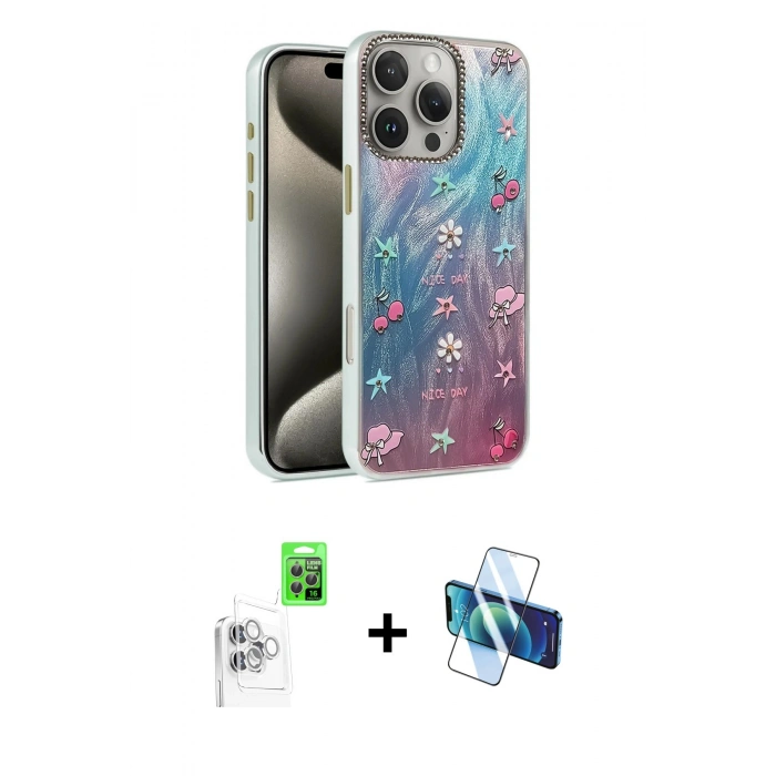 MARSİLYAN™- iPhone 16 Pro Max Kılıf Zirve Modern Prime - Siyah 3D Antistatik Cam Ekran Koruyucu + Raze Metal Kamera Lens - BZ