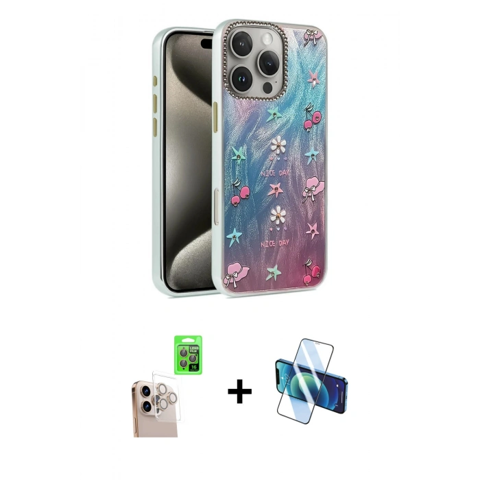 MARSİLYAN™- iPhone 16 Pro Max Kılıf Zirve Modern Prime - Siyah 3D Antistatik Cam Ekran Koruyucu + Raze Metal Kamera Lens - NLGY