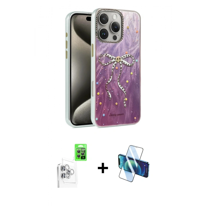 MARSİLYAN™- iPhone 16 Pro Max Kılıf Zirve Modern Prime - Siyah 3D Antistatik Cam Ekran Koruyucu + Raze Metal Kamera Lens - BZ