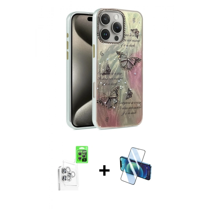MARSİLYAN™- iPhone 16 Pro Max Kılıf Zirve Modern Prime - Siyah 3D Antistatik Cam Ekran Koruyucu + Raze Metal Kamera Lens - BZ