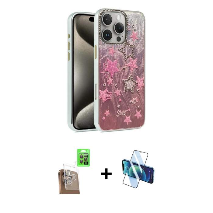 MARSİLYAN™- iPhone 16 Pro Max Kılıf Zirve Modern Prime - Siyah 3D Antistatik Cam Ekran Koruyucu + Raze Metal Kamera Lens - CLTM