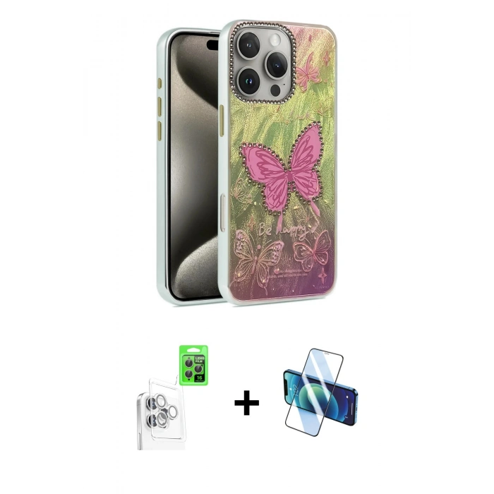 MARSİLYAN™- iPhone 16 Pro Max Kılıf Zirve Modern Prime - Siyah 3D Antistatik Cam Ekran Koruyucu + Raze Metal Kamera Lens - BZ