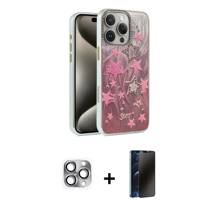 MARSİLYAN™- iPhone 16 Pro Max Kılıf Zirve Modern Prime - Siyah 3D Antistatik Hayalet Cam Ekran Koruyucu + Pers Alüminyum Kamera Lens - GI