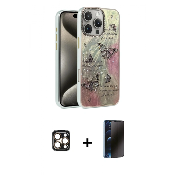 MARSİLYAN™- iPhone 16 Pro Max Kılıf Zirve Modern Prime - Siyah 3D Antistatik Hayalet Cam Ekran Koruyucu + PVD Metal Kamera Lens - GD