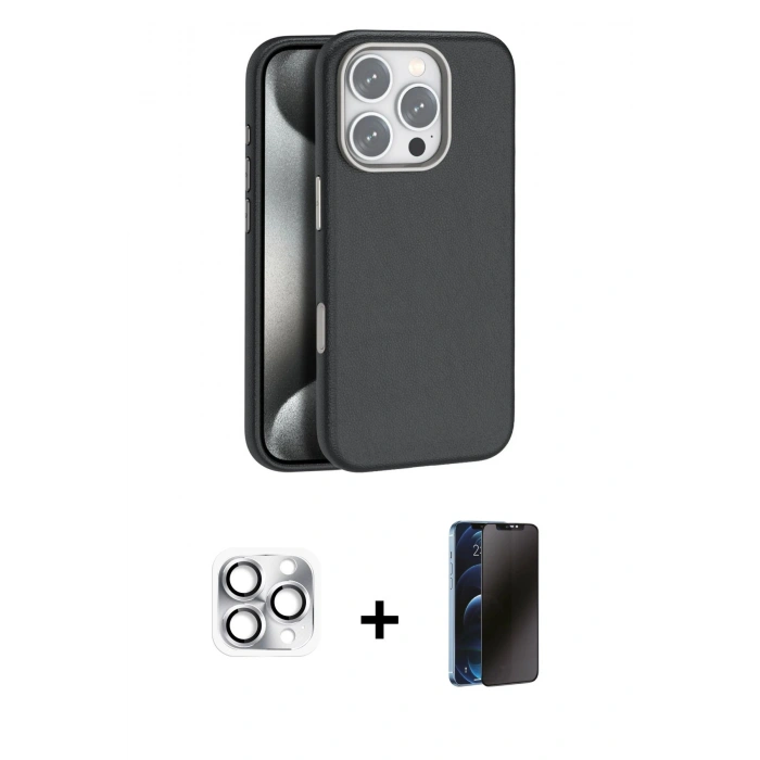 MARSİLYAN™- iPhone 16 Pro Max Kılıf Zirve Modern Prime - Siyah 3D Antistatik Hayalet Cam Ekran Koruyucu + Pers Alüminyum Kamera Lens - GS