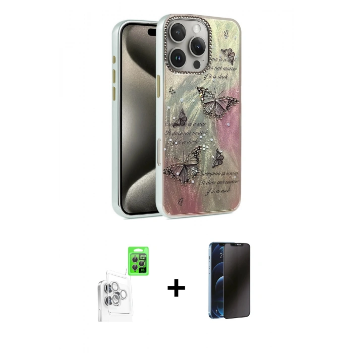 MARSİLYAN™- iPhone 16 Pro Max Kılıf Zirve Modern Prime - Siyah 3D Antistatik Hayalet Cam Ekran Koruyucu + Raze Metal Kamera Lens - BZ