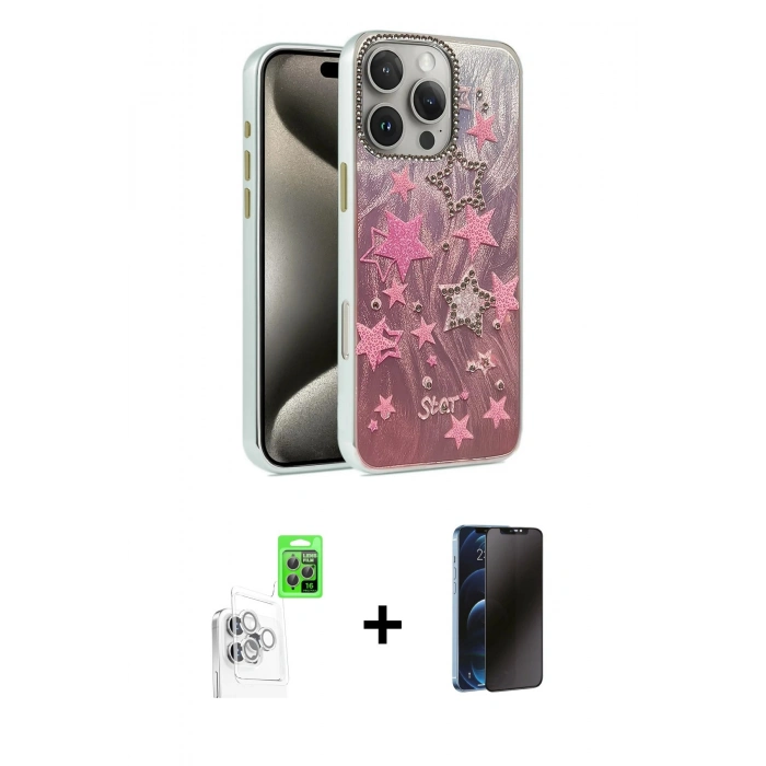 MARSİLYAN™- iPhone 16 Pro Max Kılıf Zirve Modern Prime - Siyah 3D Antistatik Hayalet Cam Ekran Koruyucu + Raze Metal Kamera Lens - BZ