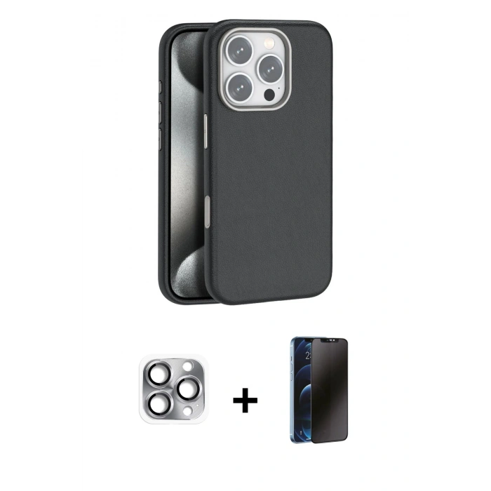 MARSİLYAN™- iPhone 16 Pro Max Kılıf Zirve Modern Prime - Siyah 3D Antistatik Hayalet Cam Ekran Koruyucu + Pers Alüminyum Kamera Lens - GI