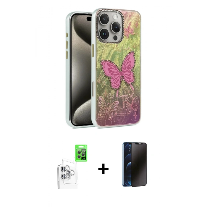 MARSİLYAN™- iPhone 16 Pro Max Kılıf Zirve Modern Prime - Siyah 3D Antistatik Hayalet Cam Ekran Koruyucu + Raze Metal Kamera Lens - BZ